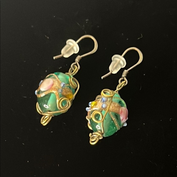 Hand Crafted Lampwork Glass Bead Gold Wire Scroll Dangle Sterling Hook Earrings - Picture 2 of 5